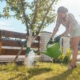 Woman in her garden watering fruit tree with can
